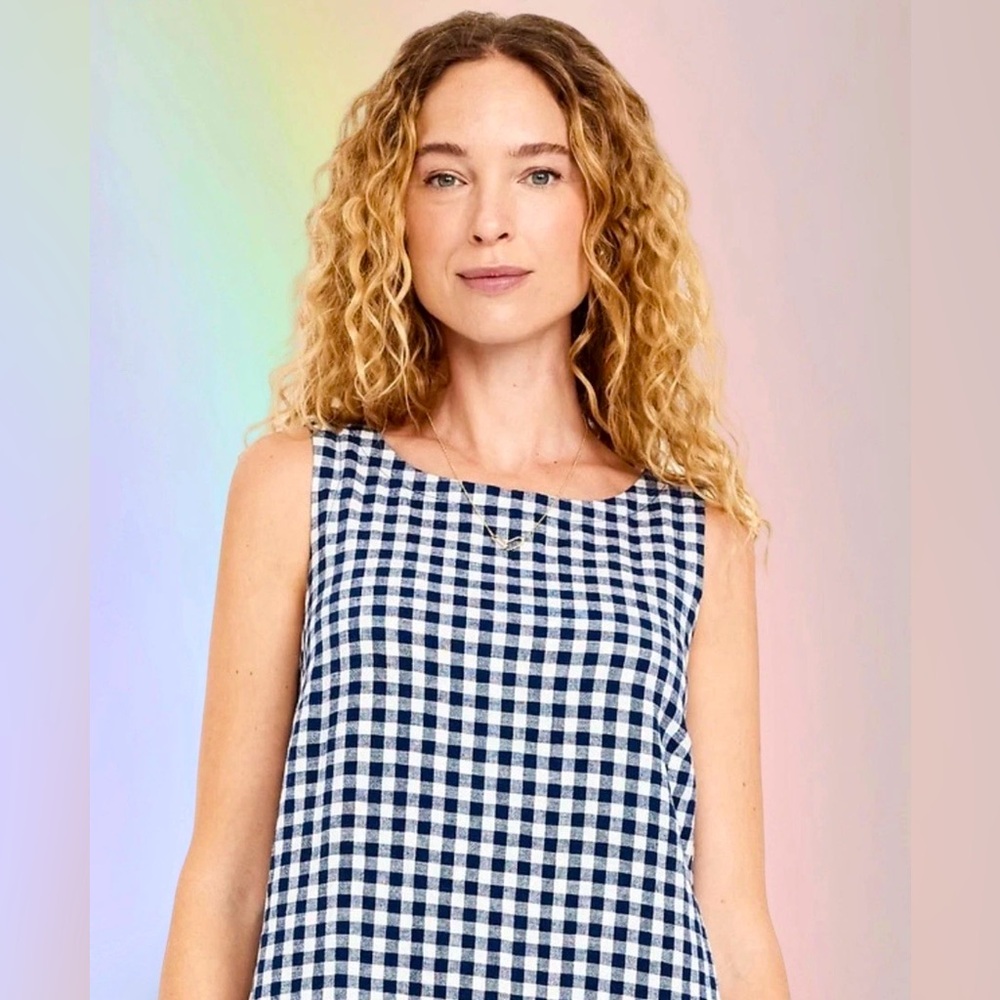 NWTSđGAP OLD NAVY XLđSLEEVELESS BOATNECK LINEN BLUE GINGHAM DRESS KEYHOLE BACK - Picture 9 of 15